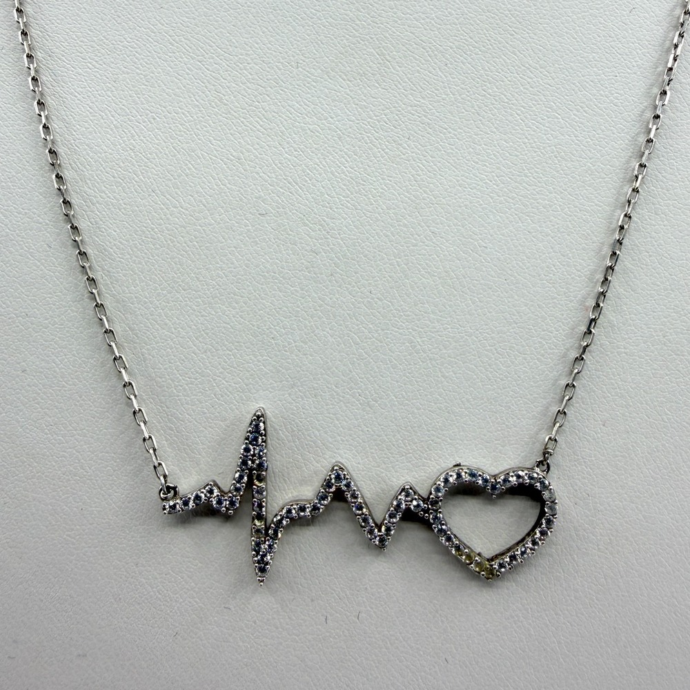 EKG Heartbeat Heart Pendant Necklace Silver Tone Minimalist Dainty Gift Style